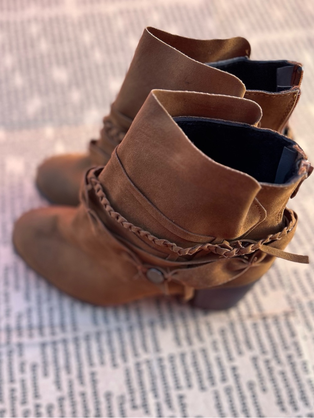 Women’s Tan Suede Ankle Booties with Braided Wrap